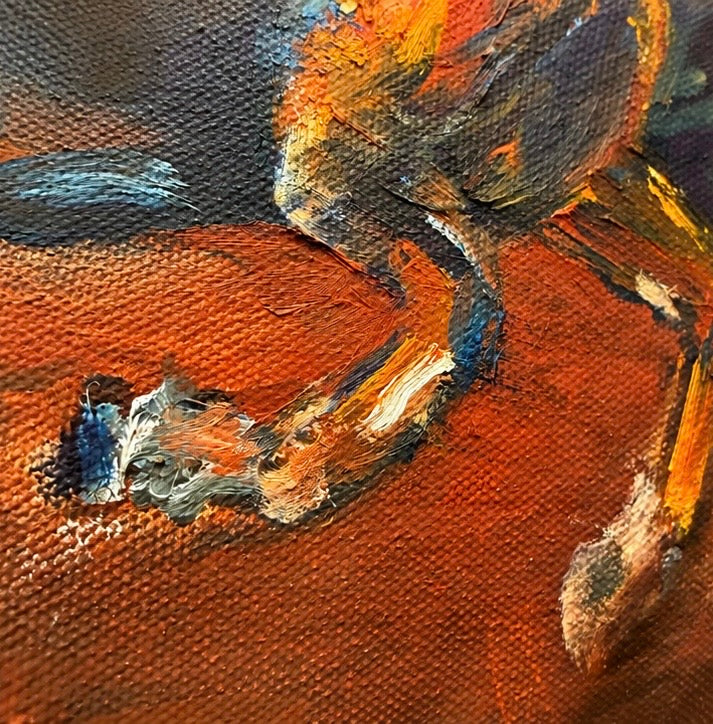 Close-up of an impasto oil painting on textured canvas, featuring expressive brushstrokes in rust orange, black, yellow, blue, and white.