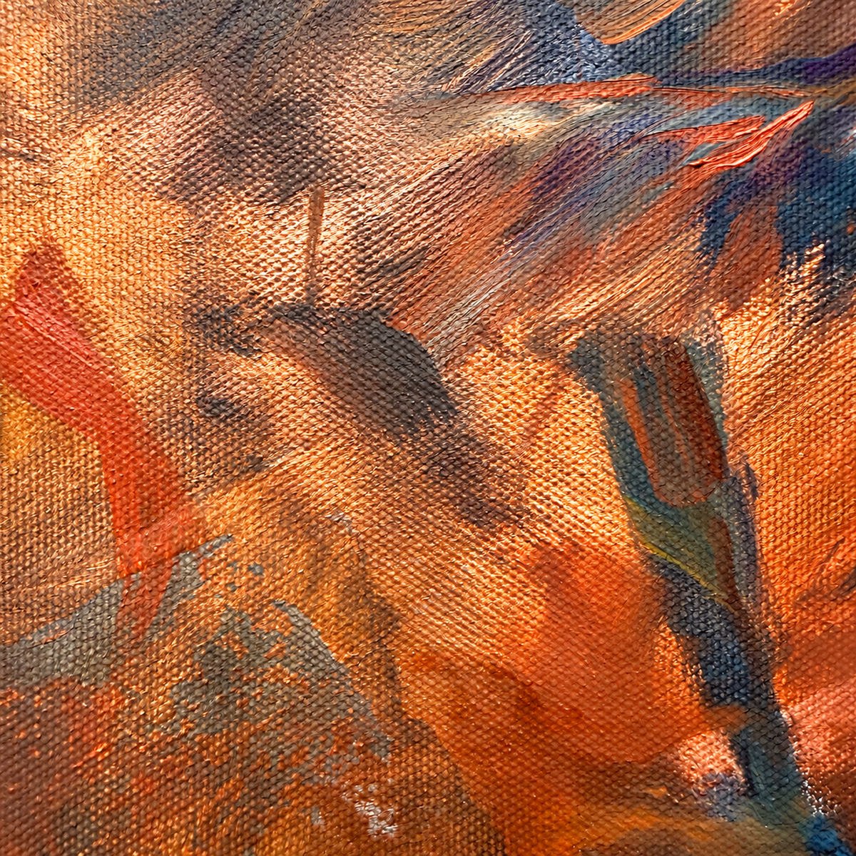 Abstract oil painting on canvas featuring expressive brushstrokes in warm orange, brown, and red tones with hints of blue and green.